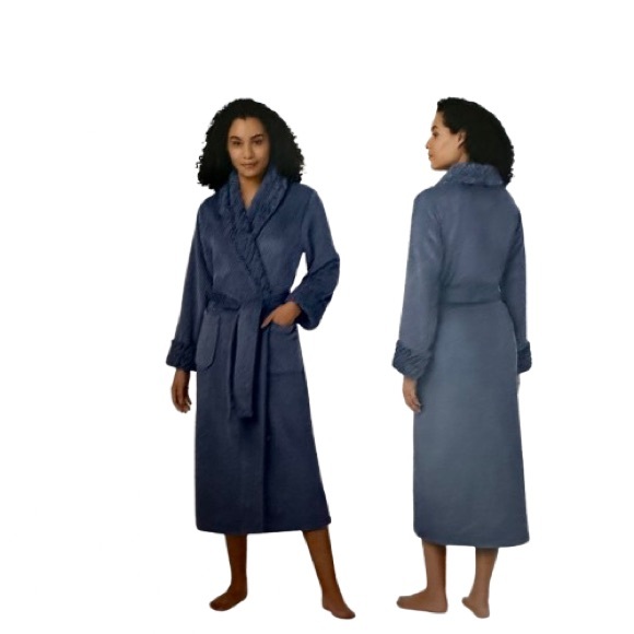 NWT Carole Hochman Women's L Blue Plush Faux Fur Sleeved Belted Midi Wrap Robe - Picture 2 of 13